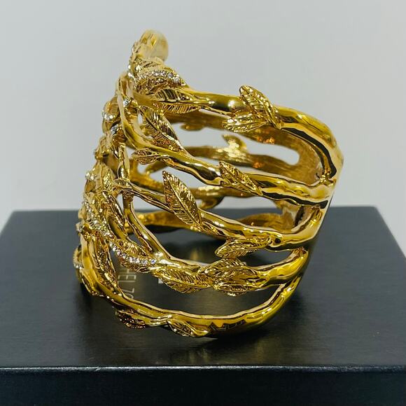 Rachel Zoe Hinged Cuff Bracelet Crystals Leaf Branches Gold Tone Leaf Branch - Picture 2 of 14